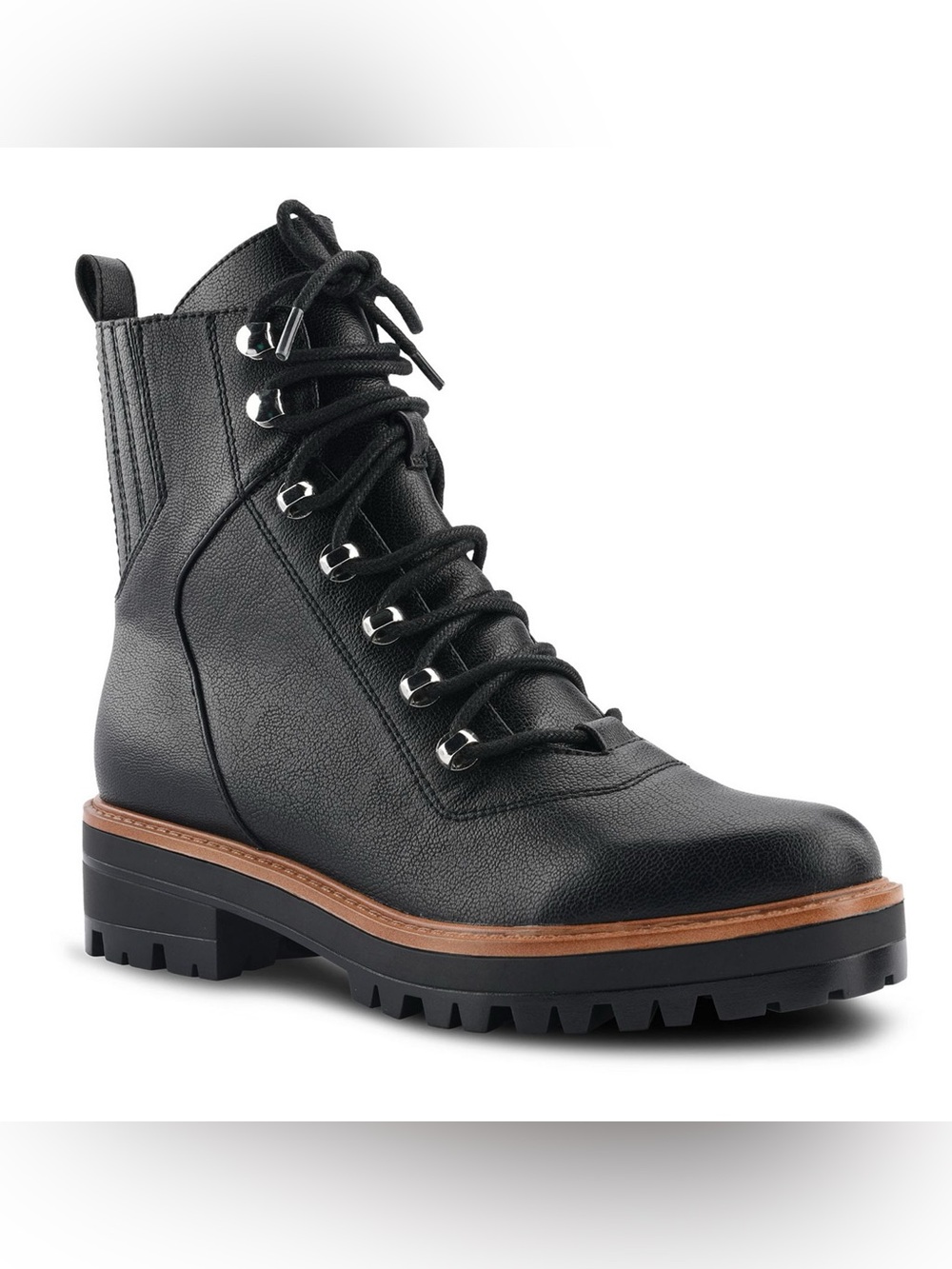 Nine West Black Lace-Up Lug Sole Ankle Boot with Brown Trim